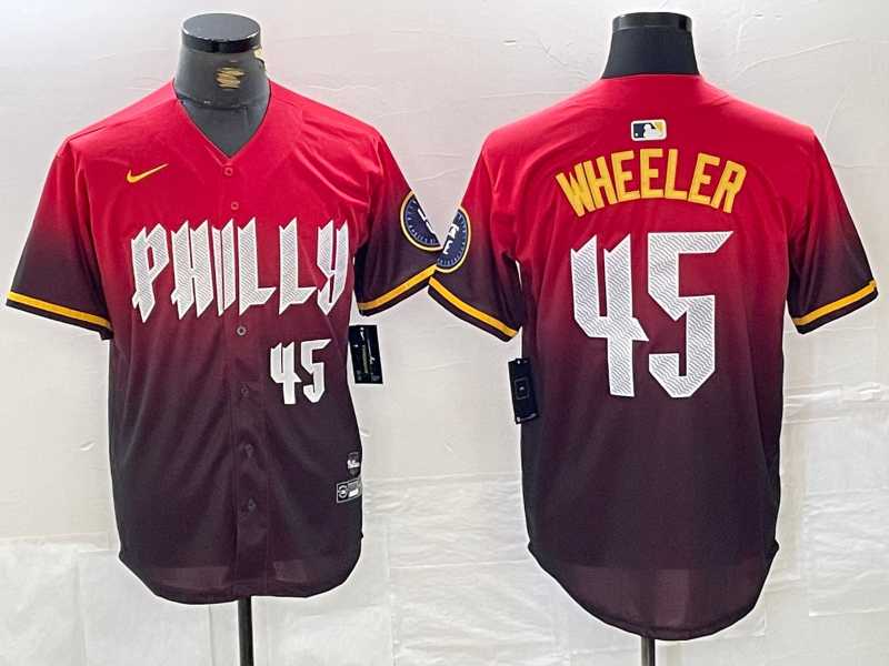 Mens Philadelphia Phillies #45 Zack Wheeler Red 2024 City Player Number Cool Base Jersey